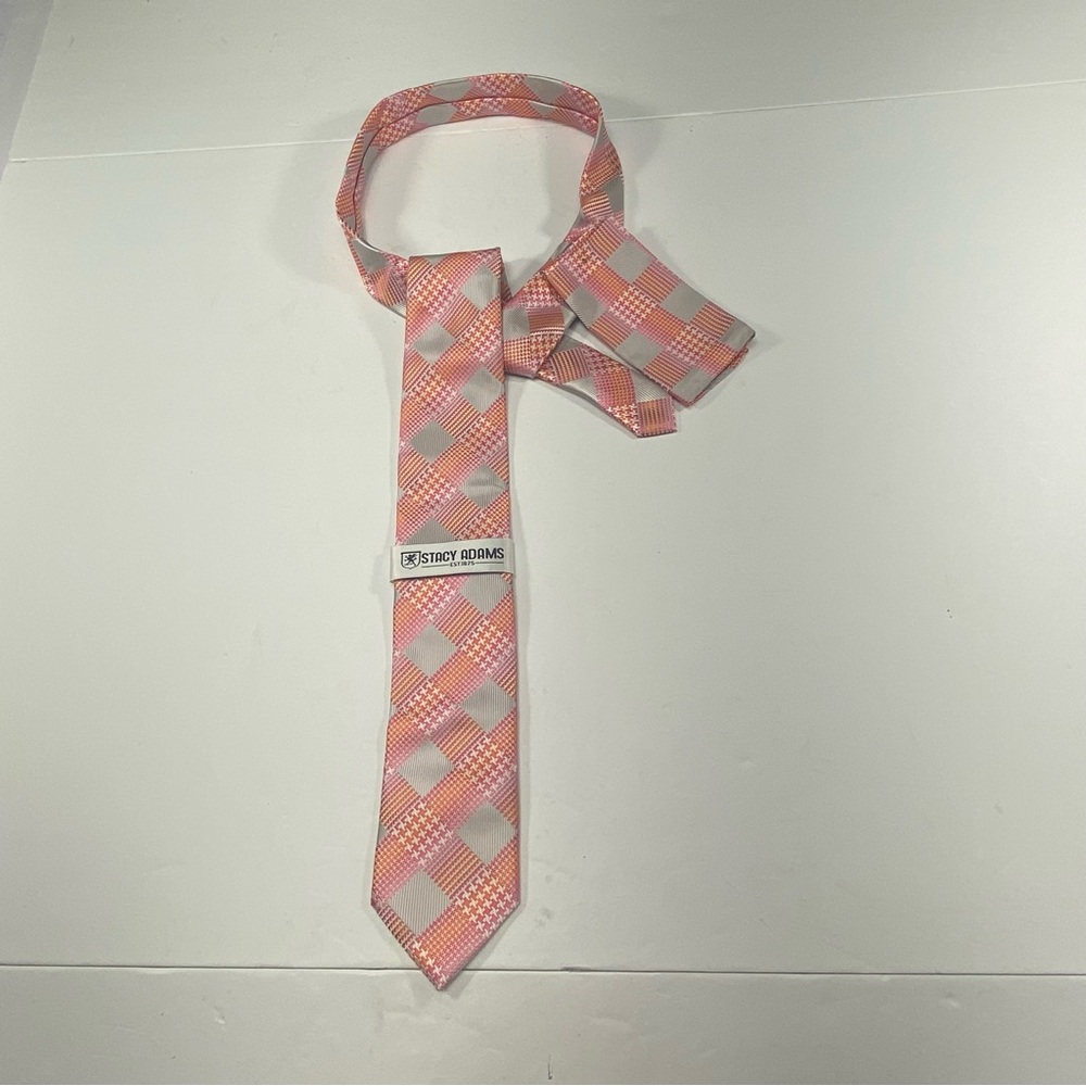 STACY ADAMS Plaid Tie & Pocket Square Orange and Silver NWT